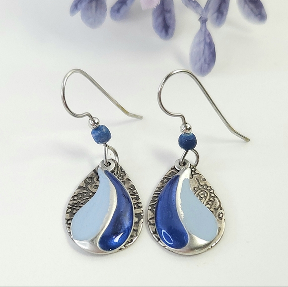 Handmade Jewelry - Silver Etched Floral & Metallic Blue Swirl Layered Dangle Earrings